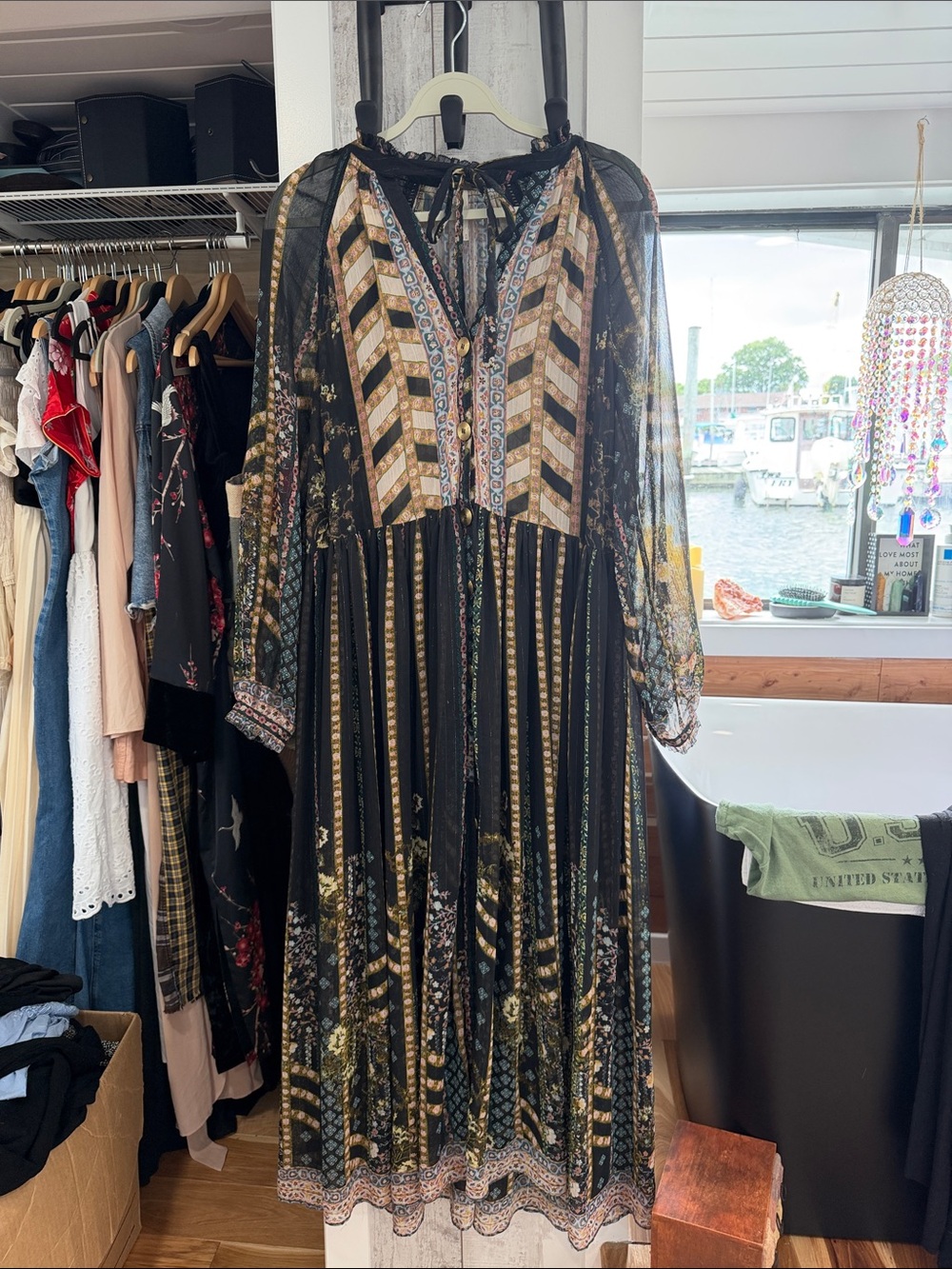 Free People Black Maxi Dress with Gold and Cream Print